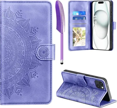 Produktbild von Lila iPhone 15 Hülle Wallet Kunstleder Case mit Standfunktion & Kartenfach