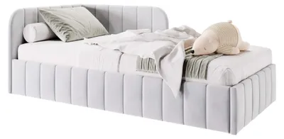 Produktbild von Bett Mario 120x200 cm, Polsterbett mit Metallrahmen, Jugendbett mit Bettkasten, Riviera-Stoff, Grau, Links