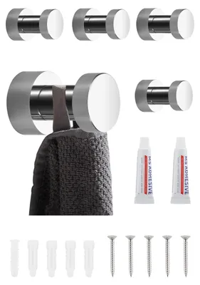 Image de Crochets adhésifs, crochets muraux robustes, crochets pour serviettes de salle de bain, cuisine, porte, placard, armoire, en laiton, lot de 5 (chromés)