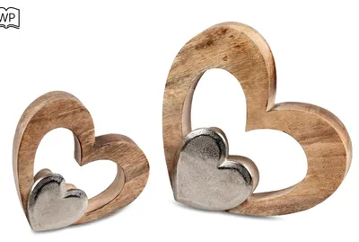 Produktbild von 2er Set Dekoobjekte Herzen liegend 18 + 24cm Alu + Mango-Holz Formano