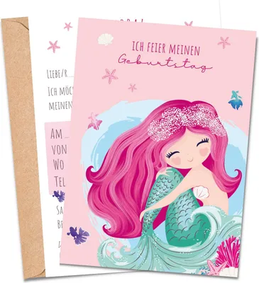 Produktbild von MeinBaby123® 10 Einladungskarten Kindergeburtstag inkl. Umschläge | Meerjungfrau