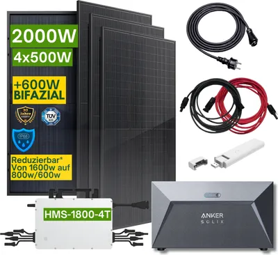 Produktbild von 2000W Balkonkraftwerk mit Speicher mit Anker Solix Solarbank E1600 Solarspeicher und Hoymiles 1800W Drosselbar Wechselrichter