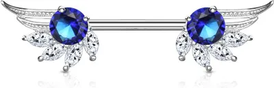 Produktbild von Brustwarzen Piercing Nippelpiercing Brustpiercing Engelsflügel Zirkonia Kristall Autiga® silber-blau