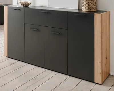 Produktbild von Sideboard "Kampen" in dunklem Grau / Anthrazit mit Artisan Eiche, 4-türig 162 x 85 cm