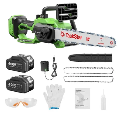 Image de Scie à chaîne, moteur sans balais, système à double batterie, avec 2 batteries de 4,0 Ah