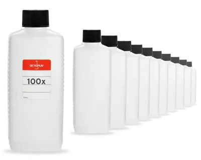 Produktbild von 100 runde Plastikflaschen à 250 ml, G25, mit schwarzen Schraubverschlüssen