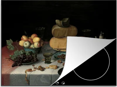 Produktbild von KitchenYeah© Herdabdeckplatte Stilleben mit Käse - Kunstwerk - Alte Meister , 71x52cm, Küche Deko, Glaskeramikkochfeld Herdabdeckung, Abdeckplatte fùr Kochfeld