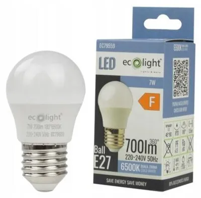 Zdjęcie produktu dla ECO LIGHT Żarówka LED E27 6500k 630lm 7W BARWA BIAŁA ZIMNA KULKA
