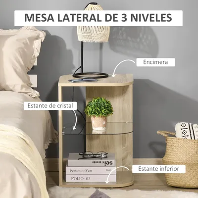 Image de Table d'appoint pour salon - Console de chevet - 3 étagères - 40x40x56 cm - Structure en bois - Couleur : naturel