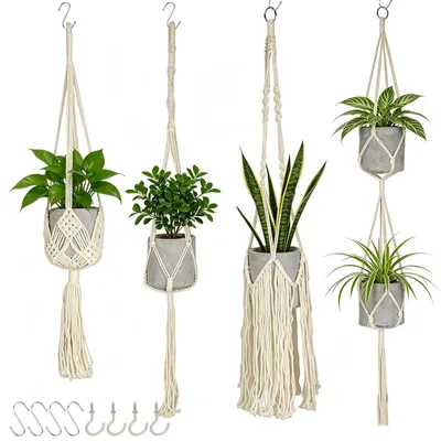 Produktbild von Makramee Blumenampel 4er Set, Baumwollseil Hängeampel mit Metallhaken für
