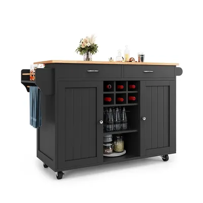 Produktbild von Küchenwagen mit Holzmaserung und mit Speicherraum Kücheninsel Küchenschrank 102×45×92cm Schwarz