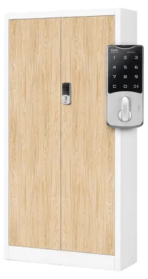 Produktbild von Aktenschrank Metallschrank mit Zahlenschloss Büroschrank Flügeltüren Stahlblech 4 Einlegeböden 185 cm x 90 cm x 40 cm weiß / Eiche Sonoma