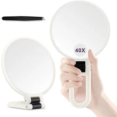 Imagen del producto de Espejo de mano con aumento de 40x, color blanco, diseño 3 en 1, ideal para maquillaje