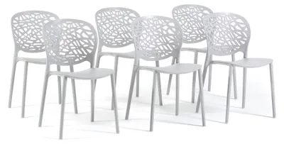 Immagine prodotto di Set di 6 sedie impilabili per interni ed esterni in polipropilene rinforzato con fibra di vetro, con schienale decorativo traforato, ideali per giardini, terrazze, bar e ristoranti - Linda Grigio chiaro
