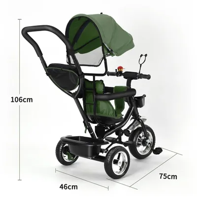 Produktbild von 3-in-1 Kinder Dreirad - Faltbar - 360° Drehbarer Sitz - Schiebestange - Sonnendach - Für Kinder 3–6 Jahre - Grün