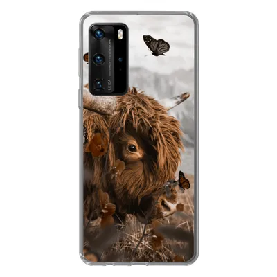 Produktbild von MuchoWow® Handyhülle Schutzhülle Hülle für Huawei P40 Pro Scottish Highlander - Schmetterlinge - Pflanzen Silikon Softcase Handy Hülle - Schutz