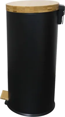 A black pedal bin with a wooden lid and pedal.