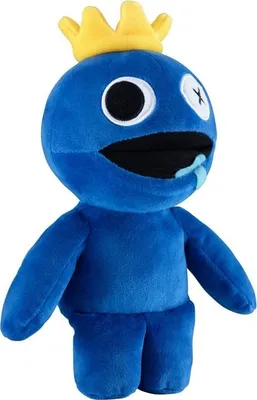 A blue plush toy with a yellow crown.