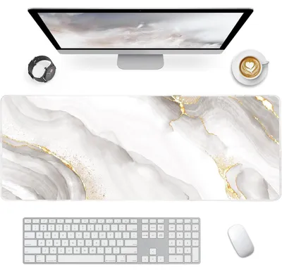 Productafbeelding van Gaming muismat XXL, 90x40 cm, witte marmerlook met antislip rubberen onderkant