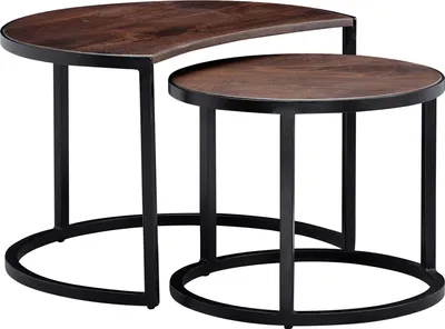 Produktbild von WOHNLING Couchtisch 2er Set Mango Massivholz / Metall Wohnzimmertisch Rund Industrial Beistelltisch mit Metallbeine Schwarz Tischset 2-teilig
