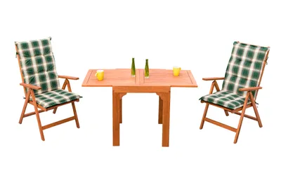 Immagine prodotto di Set Merxx Vitoria 5 pezzi - 2 poltrone pieghevoli, 2 cuscini reversibili, 1 tavolo da balcone allungabile  - Colore: marrone/verde -  Dimensioni: poltrona: 70 x 59 x 113 tavolo: 65 (130) x 70 x 75  cm; 2x 25132-011 + 2x 29550-100 + 1x 25912-011