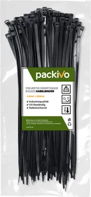 Produktbild von PACKIVO Profi Kabelbinder 4,8 x 250mm schwarz extra starke Kabelbinder Industriequalität UV Beständig Zugfestigkeit 22Kg für Kabelmanagement, DIY