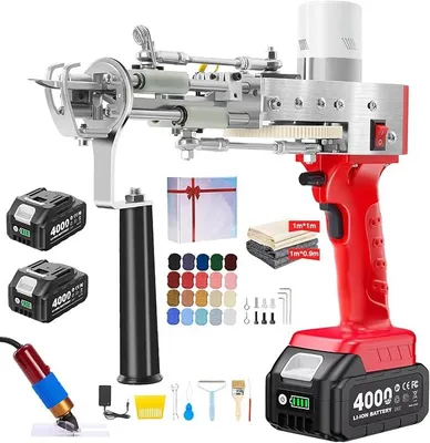 Produktbild von Akku-Teppich-Tufting-Pistole mit Teppichschneide-Set, Tufting Gun Starter Kit inkl. 2 Stück 4,0Ah Batterien, 2-in-1-Tufting Kit Complete für Schnitt- und Schlingflor