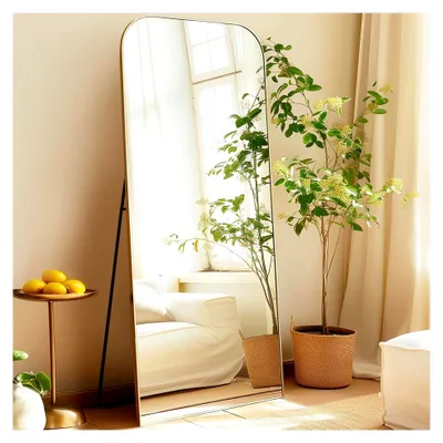 Produktbild von Gewölbter Bodenspiegel 179 x 65 cm Standspiegel Ganzkörper mit goldfarbenem Aluminiumrahmen zum Aufhängen oder Anlehnen für Schlafzimmer und Wohnzimmer