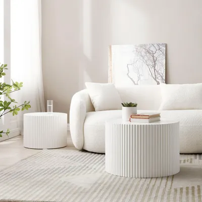 Produktbild von MODFU 2er Set Couchtische Rund Weiß,Sofatisch mit Reliefmuster,Beistelltisch mit Abgerundeten,Multifunktionales Wohnzimmertisch set,Ø60x40 + Ø48x35 cm