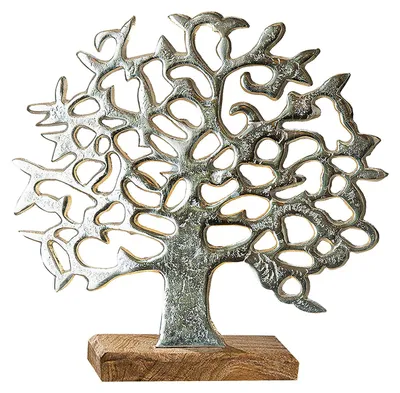 Immagine prodotto di Rilievo decorativo a tema "Albero della vita", realizzato in alluminio e legno di mango, finitura argentata. Confezione singola. Dimensioni: lunghezza 8 cm, larghezza 49 cm, altezza 46 cm. Codice prodotto: 48183. Codice a barre: 4009079481839