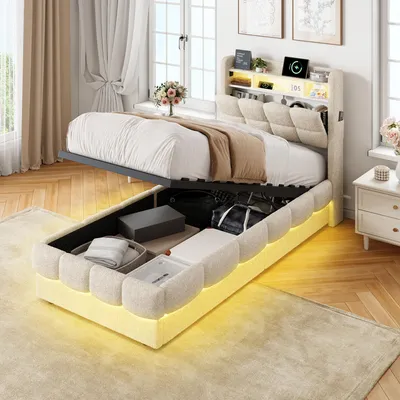 Obrázok produktu pre REMZETTA Čalúnená posteľ 90 x 200 cm s úložným priestorom, roštom, RGB LED osvetlením, USB a USB-C portami, potiahnutá plyšovou látkou, s úložným priestorom v čelnej časti, farba béžová, jednolôžková posteľ pre tínedžerov