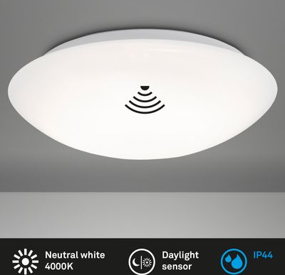 BRILONER ELIPSO LED Deckenleuchte Bad, IP44 Spritzwasserschutz, Bewegungsmelder, Dämmerungssensor, Reichweite 8m, weiß, 38 cm