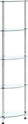 A tall, narrow, five-tier shelf unit with glass shelves and silver-colored metal supports, shown against a white background.