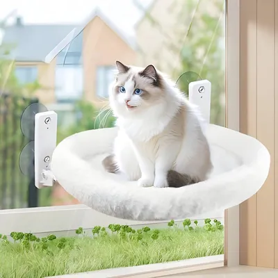 Produktbild von PolkaHome® Fensterliege für Katzen – faltbare Katzenhängematte, Plüsch/Netz, bis 18 kg, 52x30x7 cm, beige