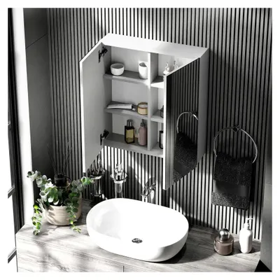 Produktbild von Merkur Spiegelschrank 60 cm breit | Hängender Badschrank mit Spiegel | weiß-grau, Spiegelschrank für Gäste-WC 60x67x16 cm