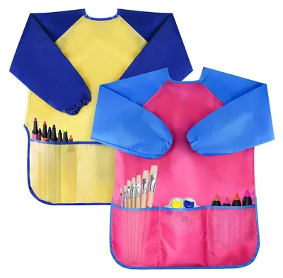Produktbild von 2er-Pack Kunstkittel für Kinder, wasserdichte Malschürze für Kinder, Künstlerschürze für Kinder mit langen Ärmeln und 3 Taschen, F167528