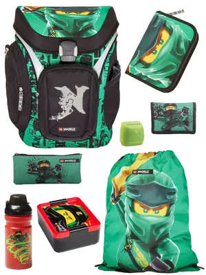 Produktbild von Lego Ninjago Schulranzen Set EXPLORER Golden Power 8-teilig mit Brotdose und Trinkflasche; grüner Ninja Lloyd