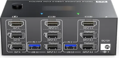 Produktbild von USB 3.0 KVM-Umschalter, zwei Eingaenge, drei Ausgaenge, drei Monitorumschalter, unterstuetzt 8K bei 30 Hz, 4K bei 144 Hz, USB 3.0 Displayport mit kabelgebundener Fernbedienung und 4 Kabeln im Lieferumfang enthalten, kompatibel mit Mac/Windows/Linux
