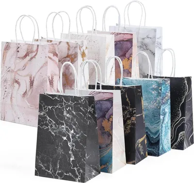 Image de 10x Sacs cadeaux en papier kraft avec anse 15x8x21CM motif marbré