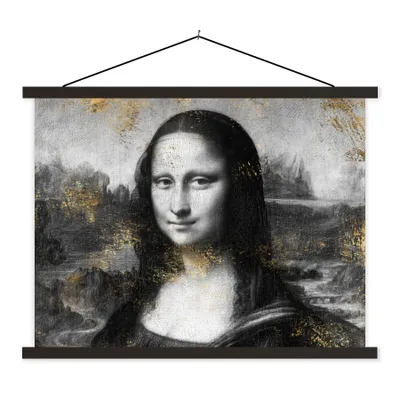 Produktbild von MuchoWow® Textilposter Mona Lisa - Leonardo da Vinci - Schwarz - Weiß - Gold 150x113 cm mit schwarzem Rahmen - Wohnzimmer