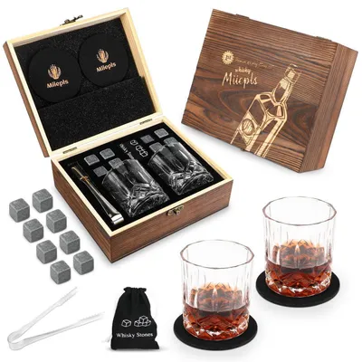 Produktbild von Whisky Geschenkset mit 8 Steinen, 2 Gläsern & 2 Untersetzern