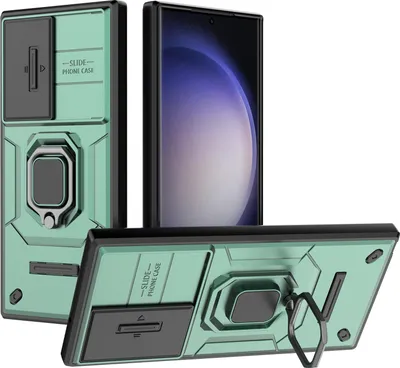 Produktbild von Hülle für Samsung Galaxy S23 Ultra Dual Layer Handyhülle Schiebe Kamera Schutz und Ringhalter Ständer Grün