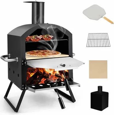 Image de Four à pizza d'extérieur - 2 étages, chauffé au charbon - Acier inoxydable - Pierre à pizza et pelle à pizza - Grille de barbecue - Housse imperméable - Noir