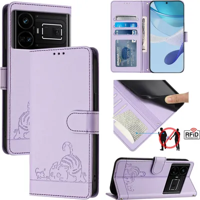 Produktbild von Leder Hülle für Realme GT 5G/Realme GT Neo 5G Süße Katze Flip Case Brieftasche Schutzhülle mit Standfunktion Lila