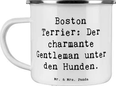 Produktbild von Mr. & Mrs. Panda Emaille Becher Spruch Boston Terrier Gentleman - Weiß - Geschenk, Pott, Hund, Hunderassen, Tasse, Hunderasse, freundlicher, anhänglicher, Teetasse