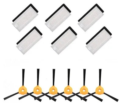 A set of replacement parts for a robot vacuum cleaner, including filters and brushes, laid out on a white background.