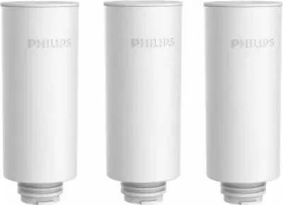 Three identical white cylindrical water filter cartridges are arranged side-by-side against a white background.