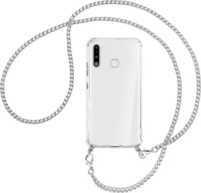 Produktbild von Handykette Backcover-Schutzhülle mit Band (Metall silberfarben) für Samsung Galaxy A70e - silberfarbene Kette