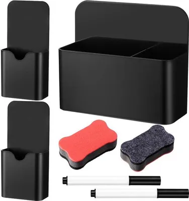 Produktbild von 3er Set magnetische Schreibtischhalter, Schreibtischhalter für Kühlschrank, Schreibbedarf mit 2 magnetischen Whiteboardspitzen und 2 Stiften (2 Größen, schwarz)