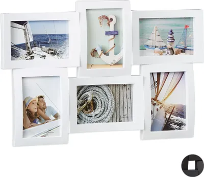 Produktbild von Relaxdays Bilderrahmen für mehrere Fotos, Collage für 6 Bilder, Fotorahmen in 3D-Optik, zum Hängen, 33 x 47,5 cm, weiß